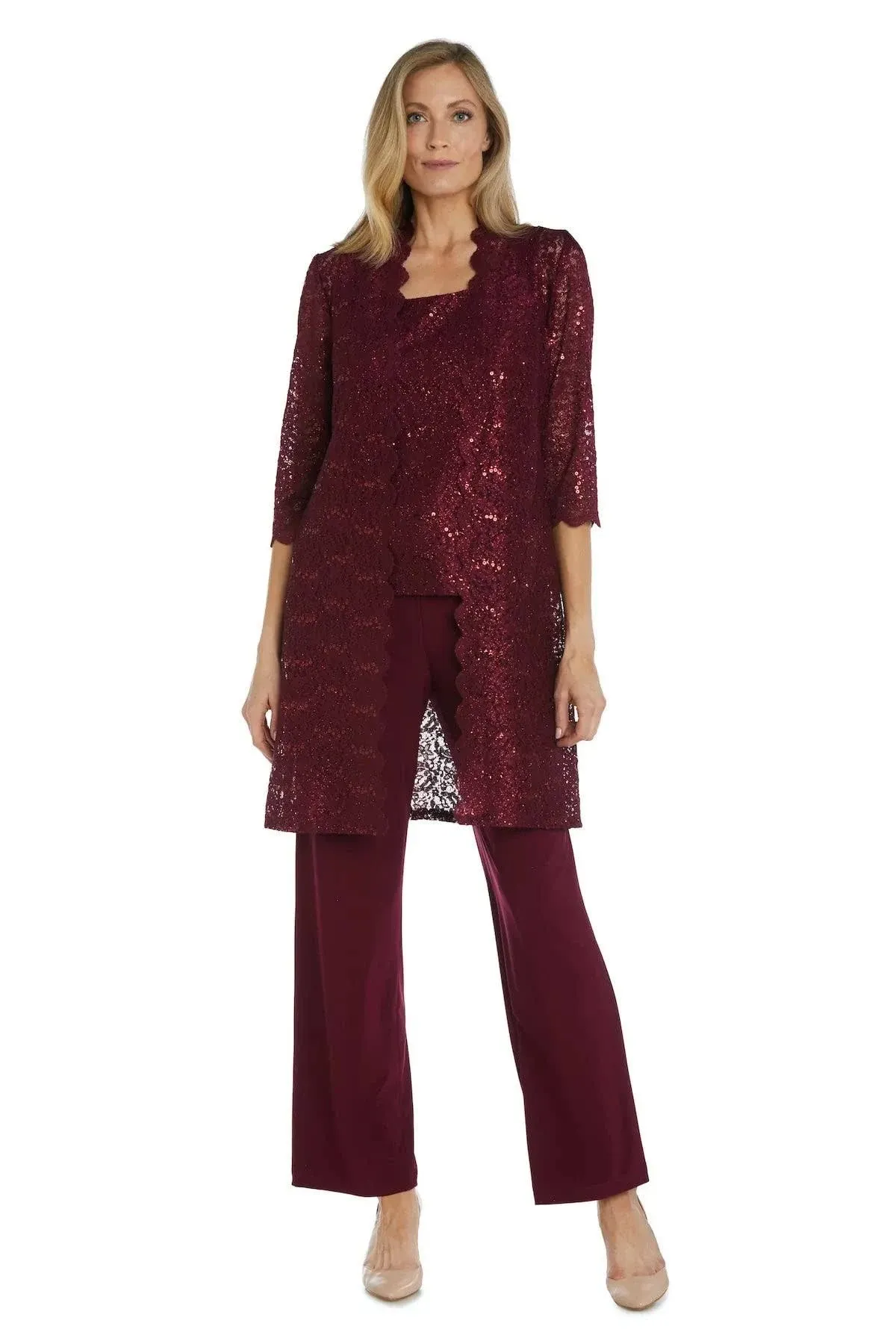 Women&#39;s 3 Piece Scalloped Sequin Lace Pant Suit - Mother of the bride pantsuit