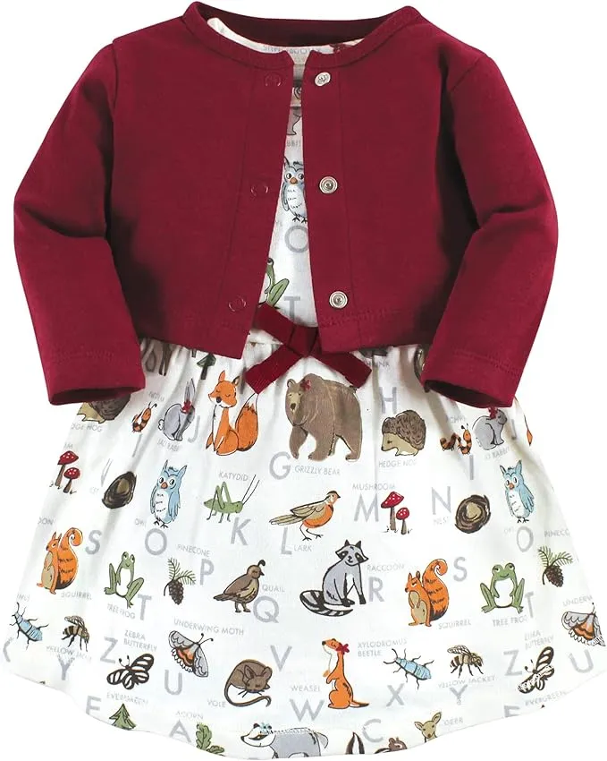 Touched by Nature Baby Girls Organic Cotton Dress and Cardigan, Woodland Alphabet, 18-24 Months