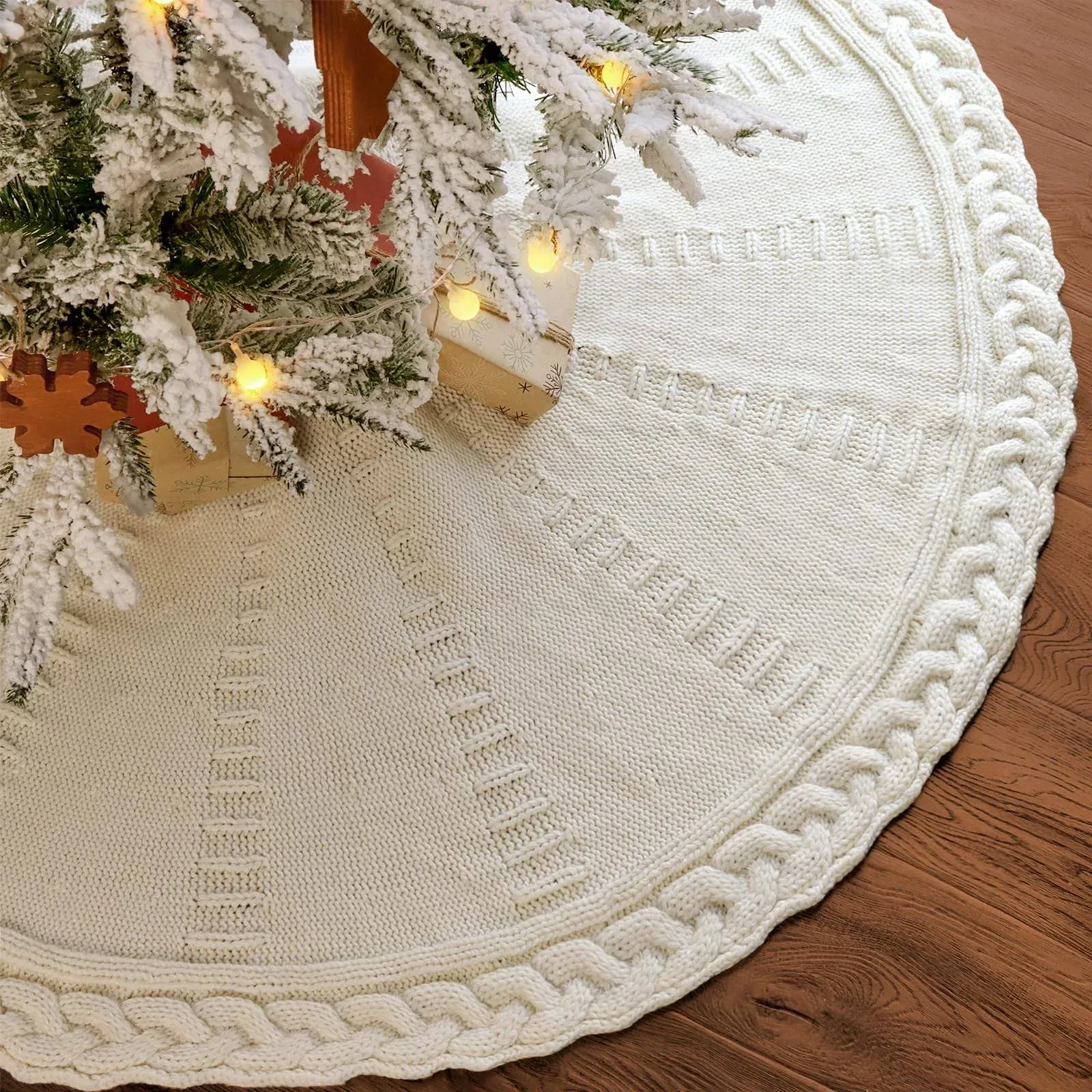 LASPERAL Knitted Tree Skirt 48 Inch Ivory White Crochet Christmas Tree Skirt, Farmhouse Rustic Cable Knit Edge Tree Skirt with Bow Tie for Home Décor, Washable Heavy Yarn Tree Skirt Indoor Outdoor