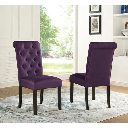 Roundhill Furniture Leviton Solid Wood Tufted Parsons Dining Chairs, Set of 2, Purple