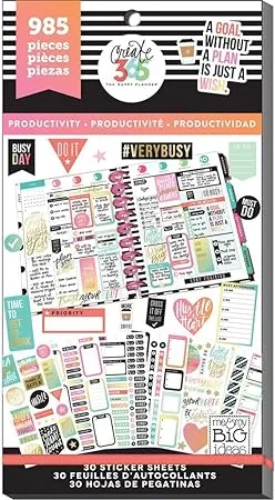 me & my BIG ideas Sticker Value Pack - The Happy Planner Scrapbooking Supplies - Productivity Theme - Multi-Color & Gold Foil - Great for Projects, Scrapbooks & Albums - 30 Sheets, 985 Stickers Total