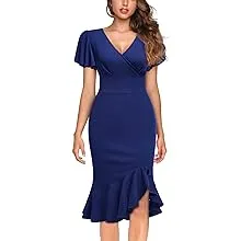 Knitee Women's Retro V Neck Ruffle Sleeves Evening Cocktail Slit Formal Dress