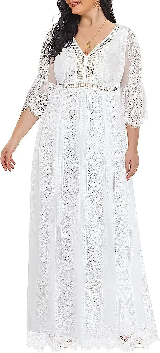 Women&#039;s Plus Size Boho Maxi Floral Lace Bohemian Wedding Dress V Neck Flowy Long