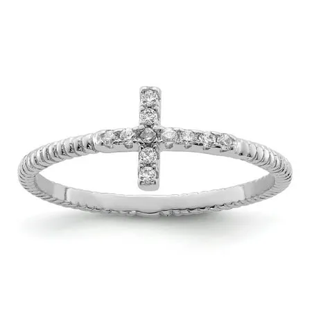 Sterling Silver Rhodium-plated Polished & Textured CZ Cross Ring - Size 7