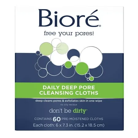 Bioré Daily Make Up Removing Cloths, Facial Cleansing Wipes with Dirt-grabbing Fibers for Deep Pore Cleansing without Oily Residue, 60 Count