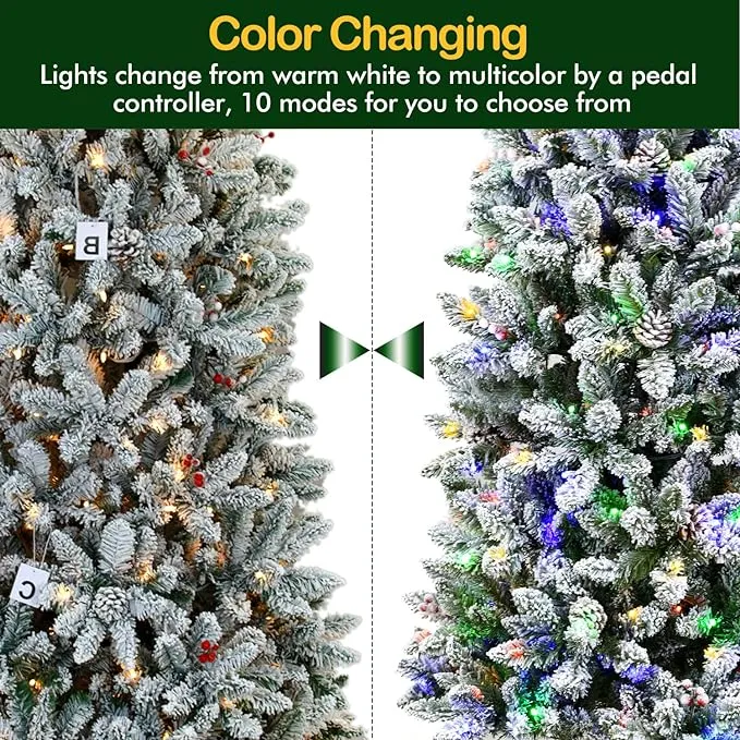 Hykolity 6.5 ft Prelit Snow Flocked Pencil Slim Christmas Tree, 544 PVC Branch Tips, 200 Color Changing LED Lights, Metal Stand and Hinged Branches, 10 Color Modes