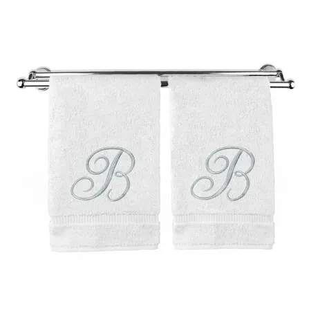 Monogrammed Hand Towel Personalized Gift 16 x 30 Inches - Set of 2 - Silver Embroidered Towel - Extra Absorbent 100% Turkish Cotton- Soft Terry Finish - For Bathroom Kitchen and Spa- Script B White