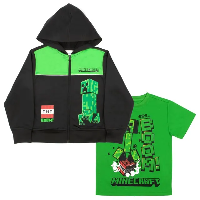 Minecraft Zip-Up Hoodie and Tee Combo for Boys, Creeper Hooded Sweatshirt/T-Shirt 2-Pack Bundle Set for Boys (Sizes 4-16)