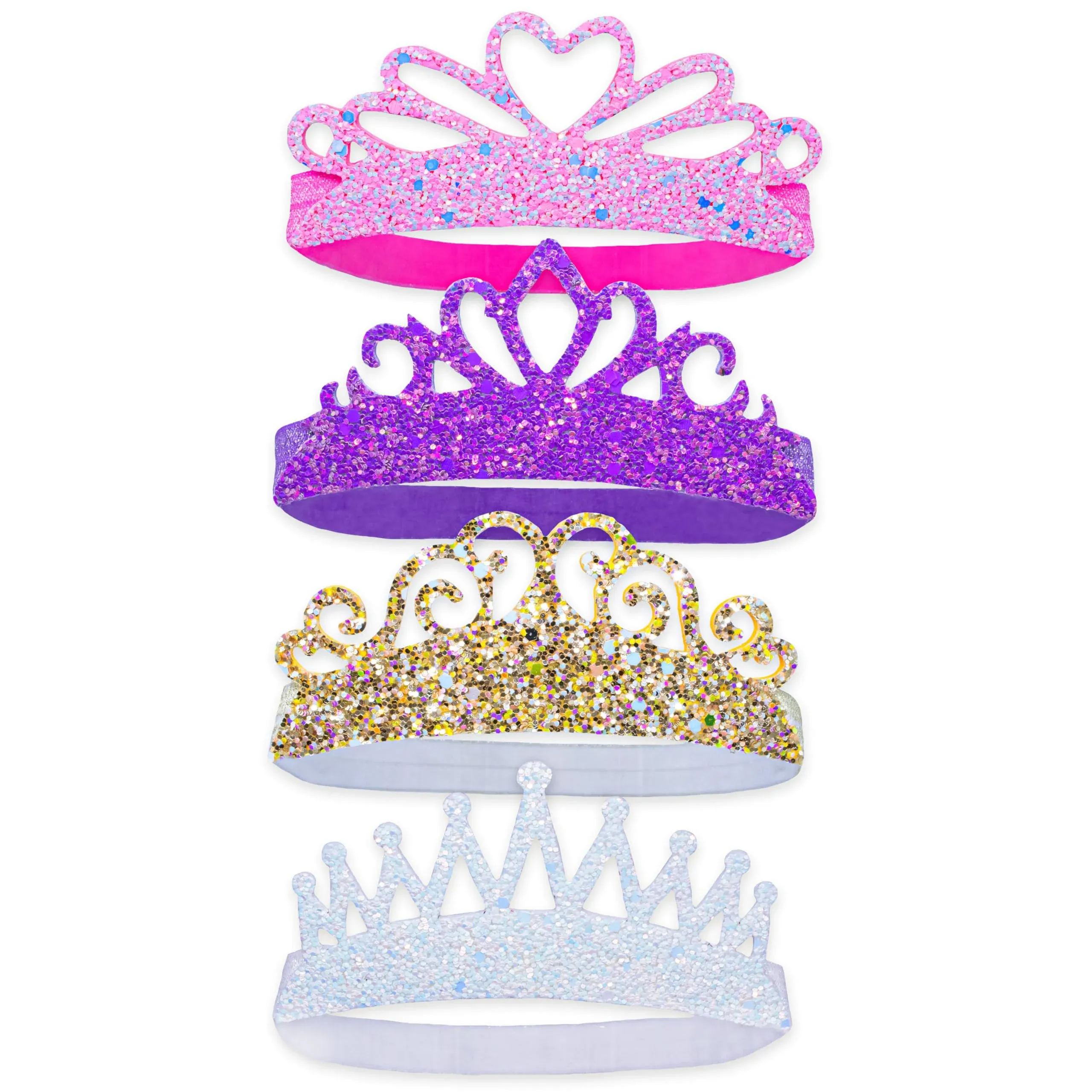 Frog Sac 4 Glitter Tiara Headbands for Girls, Elastic Princess Crown Hair Bands for Toddlers, Stretch Sparkly Hair Accessories for Toddler Girl