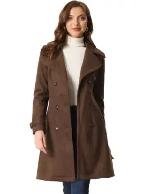 Allegra K Women's Lapel Collar Trench Coat Long Double-Breasted 2023 Fall Overcoat Outerwear With Belt, Medium