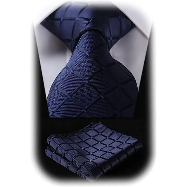 HISDERN Plaid Checkered Tie Handkerchief Woven Classic Formal Men's Necktie & Pocket Square Set