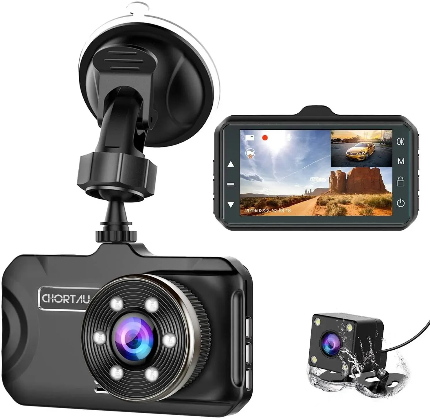 Dash Cam Front and Rear CHORTAU Dual Dash Cam 3 inch Dashboard Camera Full HD 170° Wide Angle Backup Camera with Night Vision WDR G-Sensor Parking Monitor Loop Recording Motion Detection