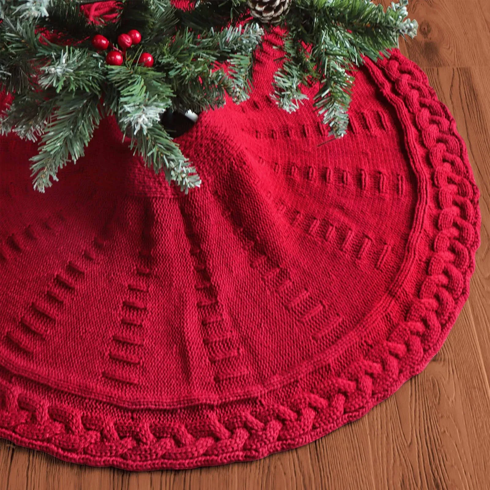 LimBridge Knitted Christmas Tree Skirt: 36 Inches Wine Red Tree Skirt, Braided Cable Knit Thick Rustic Christmas Tree Decorations, Farmhouse Christmas Decor Xmas Holiday Home Party Decorations