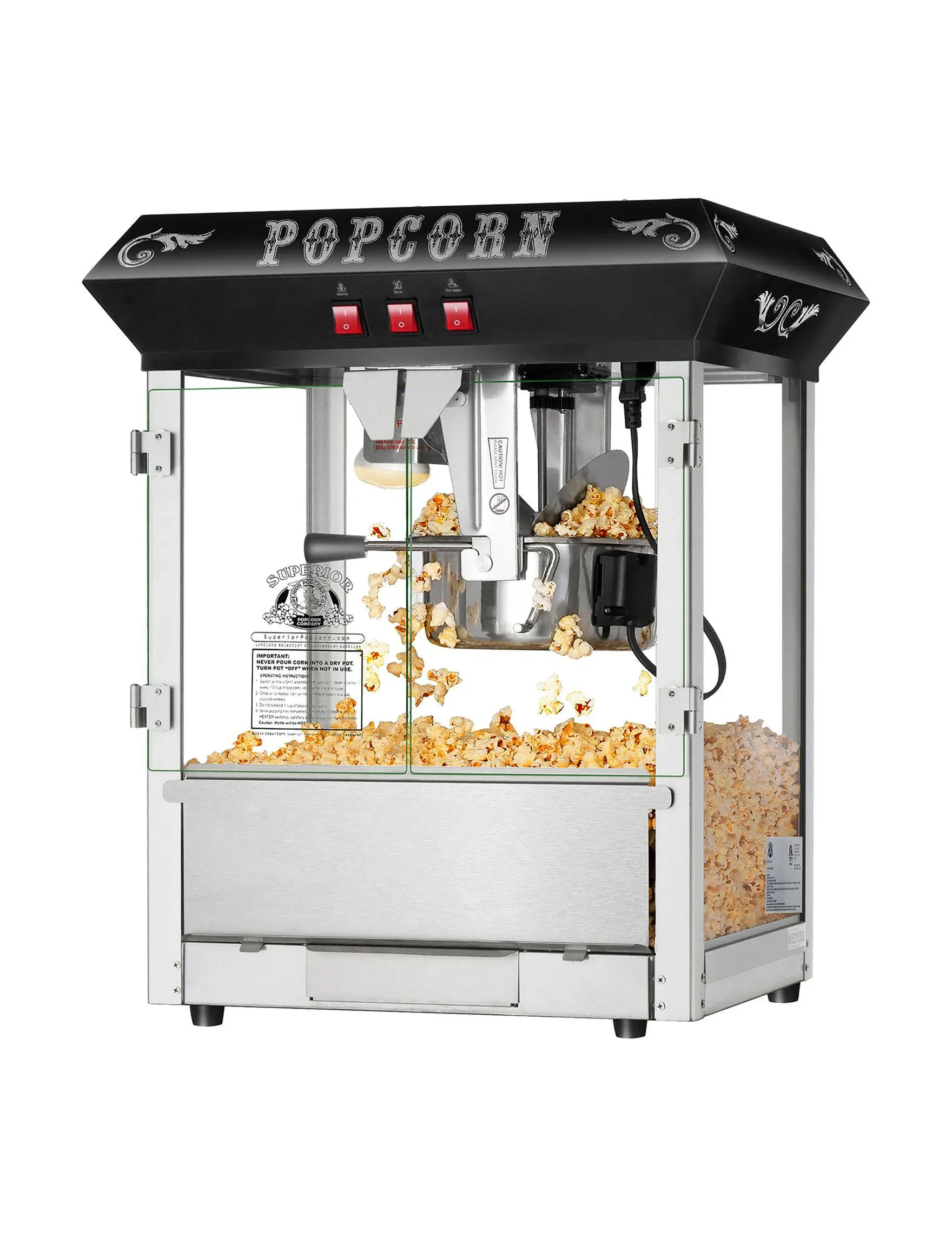 Hot and Fresh Countertop Popcorn Machine – 3 Gallon Popper – 8oz Kettle, Old Maids Drawer, Warming Tray, Scoop by Superior Popcorn Company (Black)