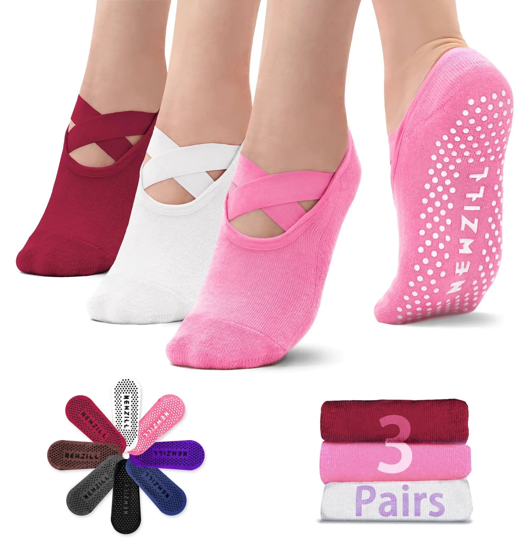 Newzill Yoga Socks for Women Non-Slip Grips & Straps, Ideal for Pilates, Pure Barre, Ballet, Dance, Barefoot Workout (3 Pairs-White/Red/Pink)