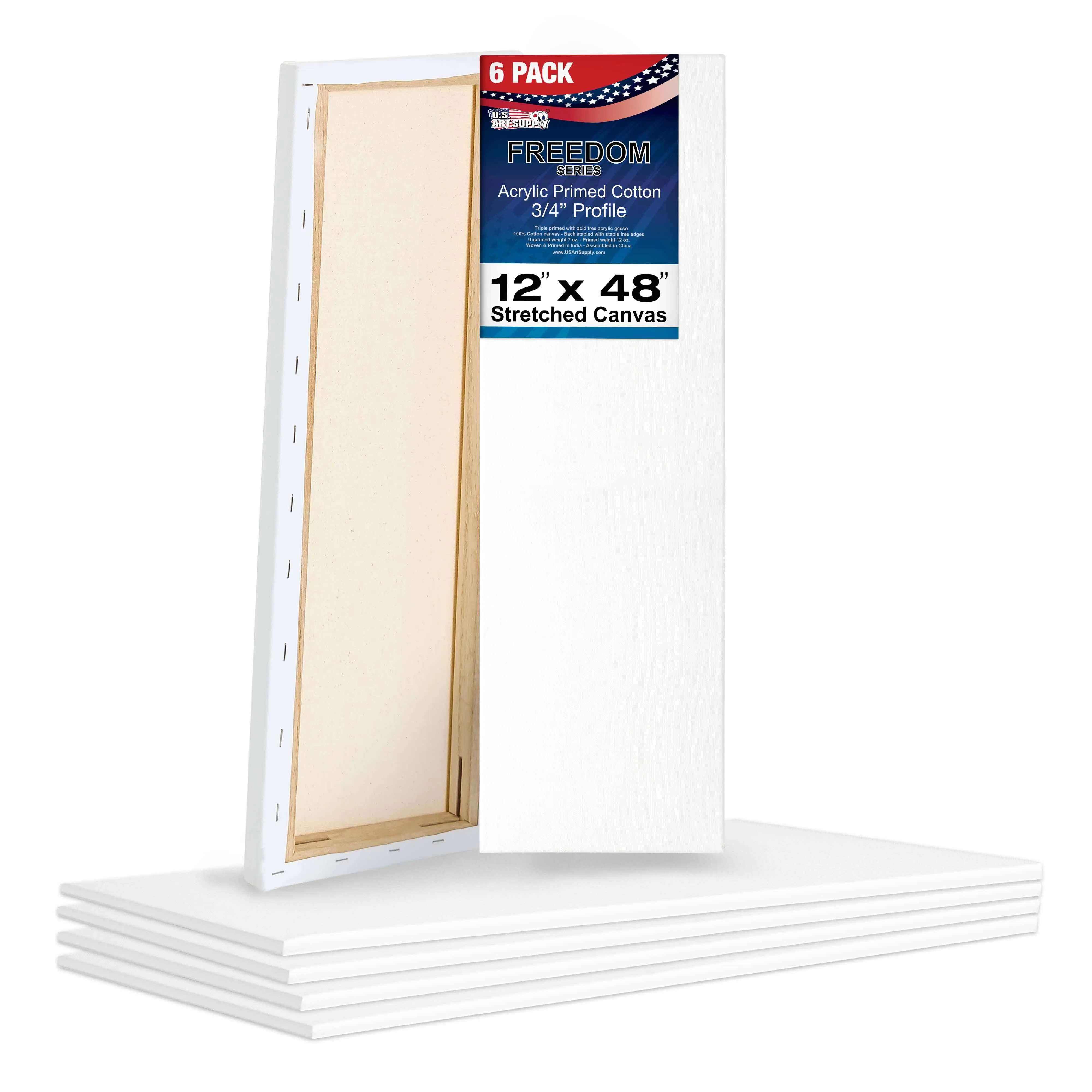 U.S. Art Supply 12 x 48 inch Stretched Canvas 12-Ounce Primed 6-Pack - Professional White Blank 3/4" Profile Heavy-Weight Gesso Acid Free Bulk Pack