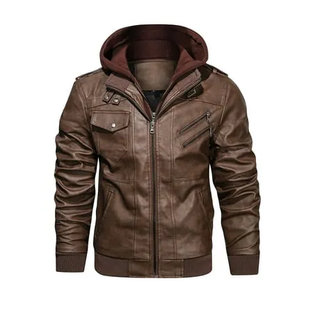 Hood Crew Men's PU Faux Leather Jacket with Removable Hood