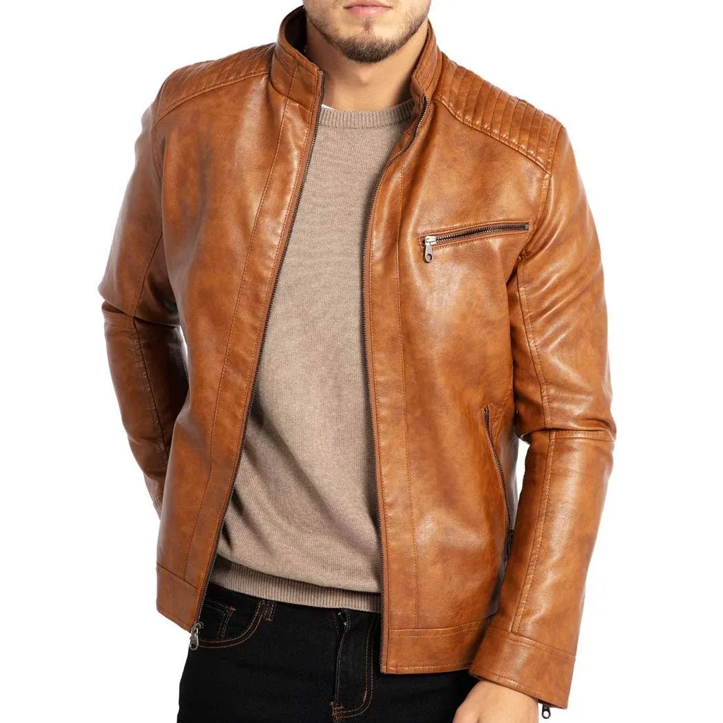 New Mens Slim Fit Weather Sealed Leather Jacket Multiple Sizes