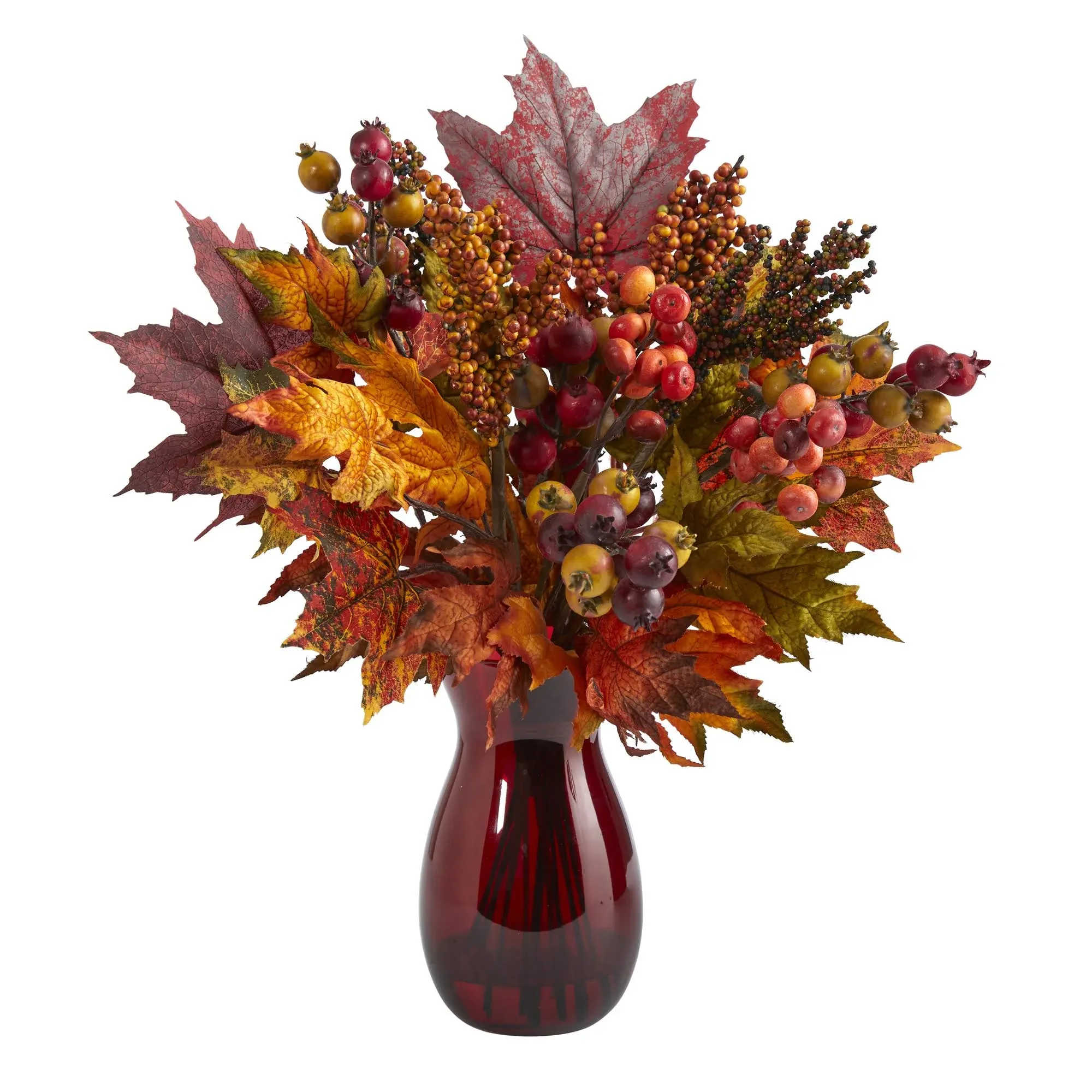 Nearly Natural 18in. Maple Leaf and Berries Artificial Arrangement in Ruby Vase