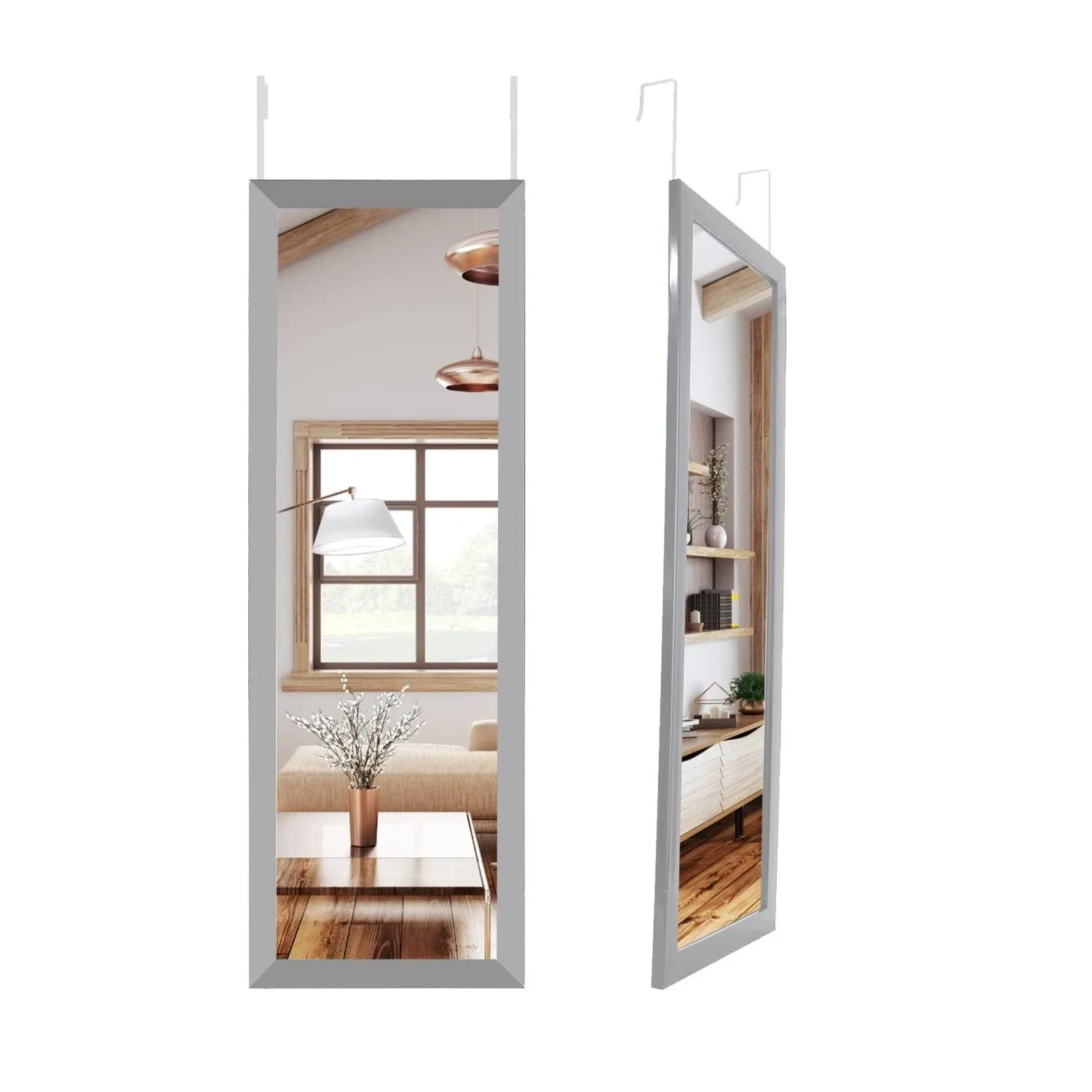 Mirrorize Full Length Over The Door Mirror, Long Door Hanging Mirror, Large Mirrors for Wall Full Body, Shatterproof Tall Floor Mirror, Silver, 49.5"X14", (HFM365S)