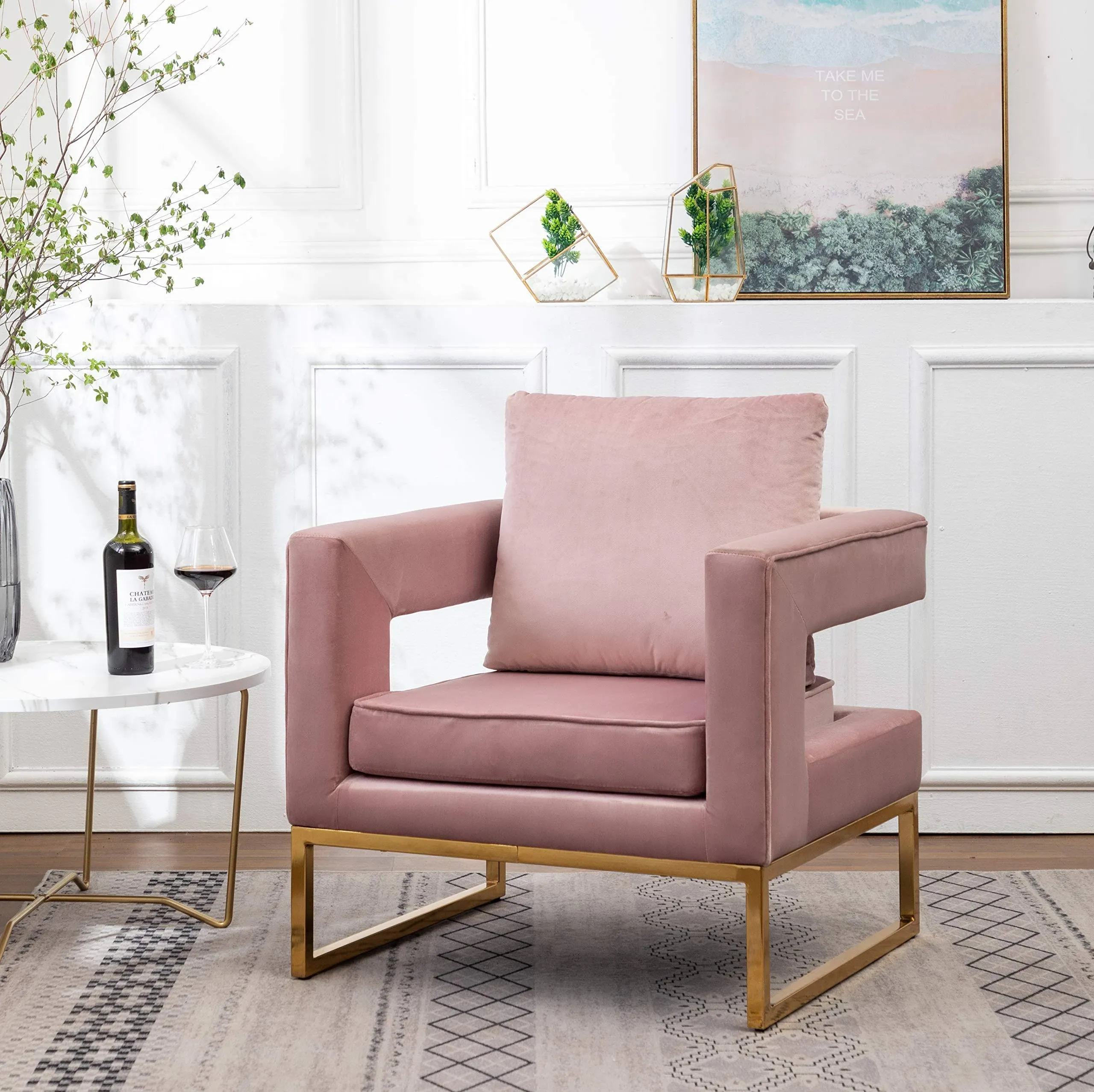 Roundhill Furniture Lenola Upholstered Accent Arm Chair, Pink 27.5D x 29.75W x 34.5H in