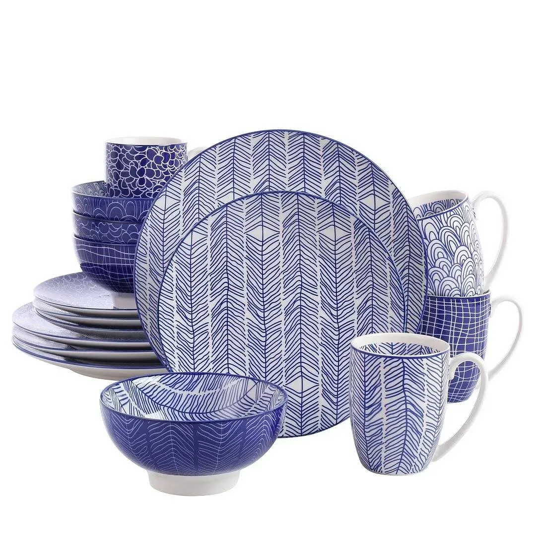 vancasso Takaki Porcelain Dinnerware Sets 16-Piece Set of 4, Hand Pattern Patterned Serivce Dishwasher Safe Chip Resistant with Mug Bowls Dessert Plates Dinner Plates - Blue and White