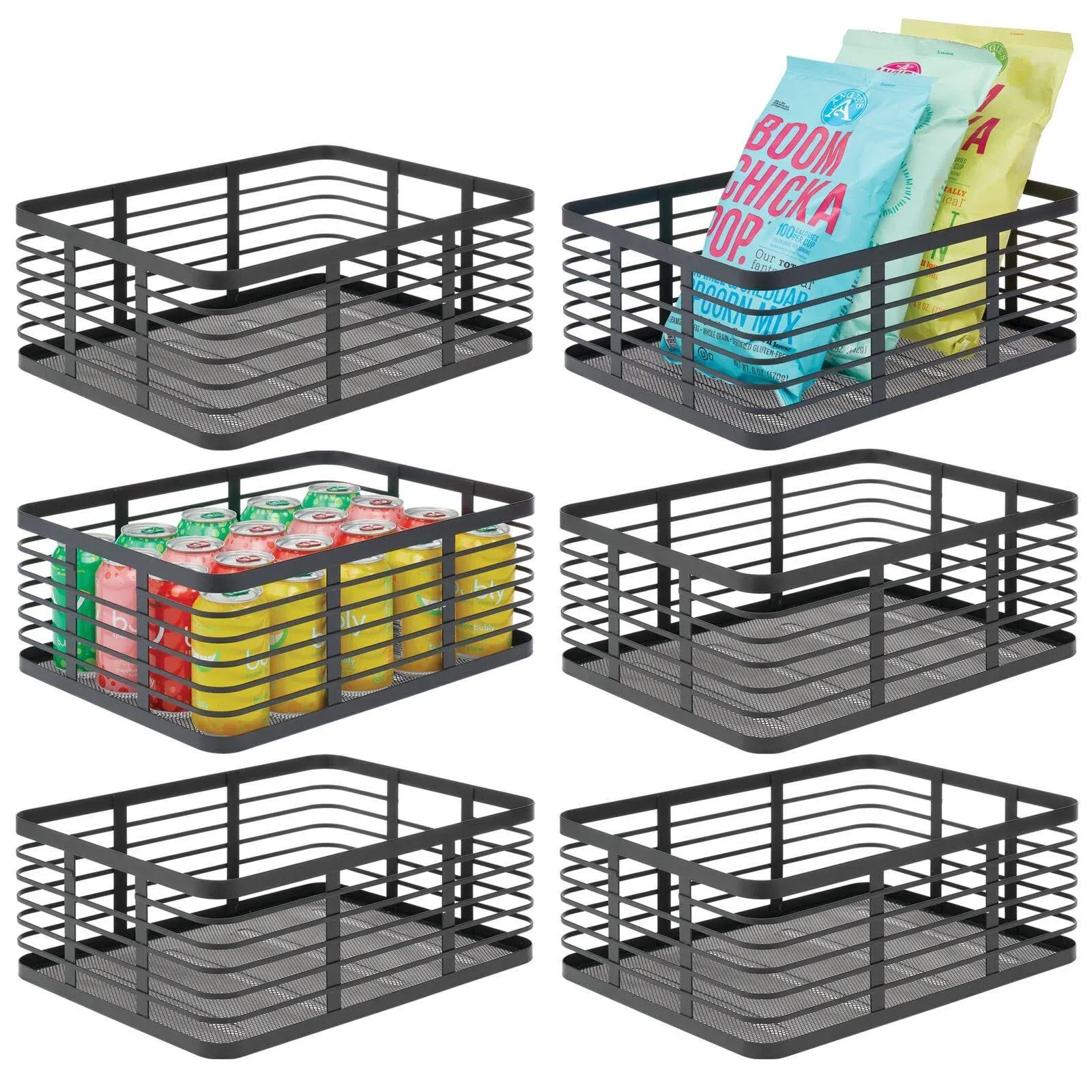 mDesign Large Steel Metal Wire Kitchen Food Storage Organizer Bin Basket for Pantry Organization - Wired Farmhouse Basket with Handle for Shelves - Carson Collection - 3 Pack, Matte Black