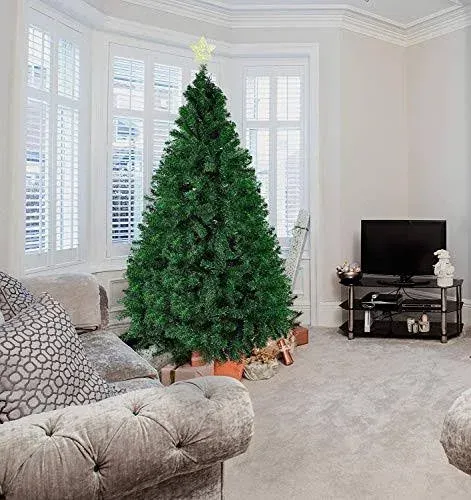 7' Christmas Pine Tree Artificial Fake Xmas Tree with Solid Metal Stand and Decoration for Festival Party Holiday, Green