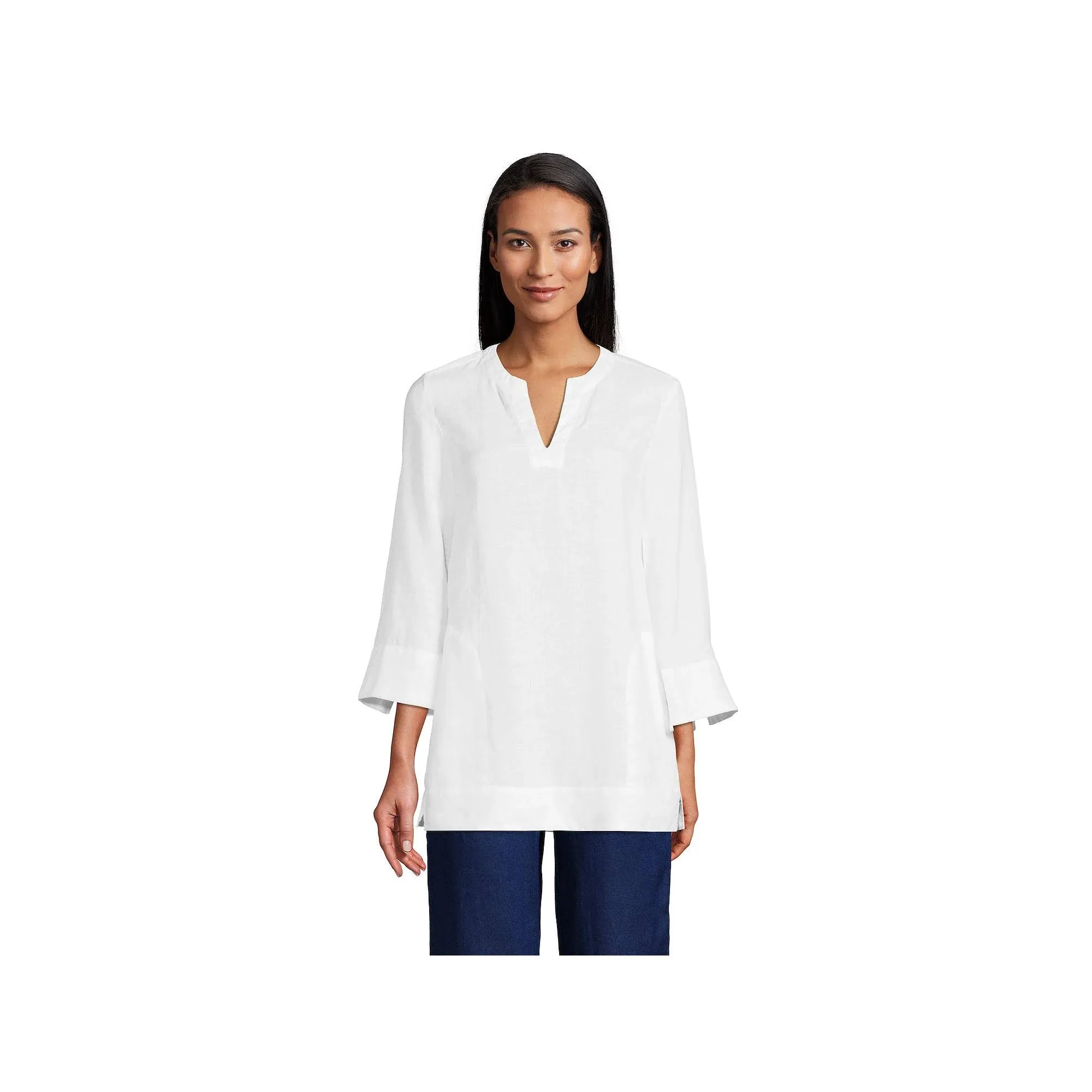 Lands' End Women's Linen Split Neck 3/4 Sleeve Tunic Top - Small - White