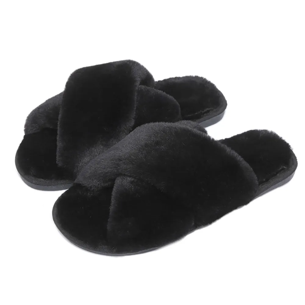 Women's Cozy Soft Plush Cross Strap House Slippers with Nonslip Soles - Small - Black