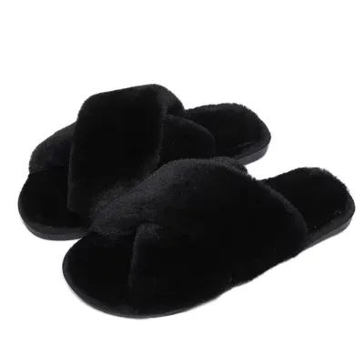 Haute Edition Women's Cozy Soft Plush Cross Strap House Slippers With Non Slip Soles, Black, Large