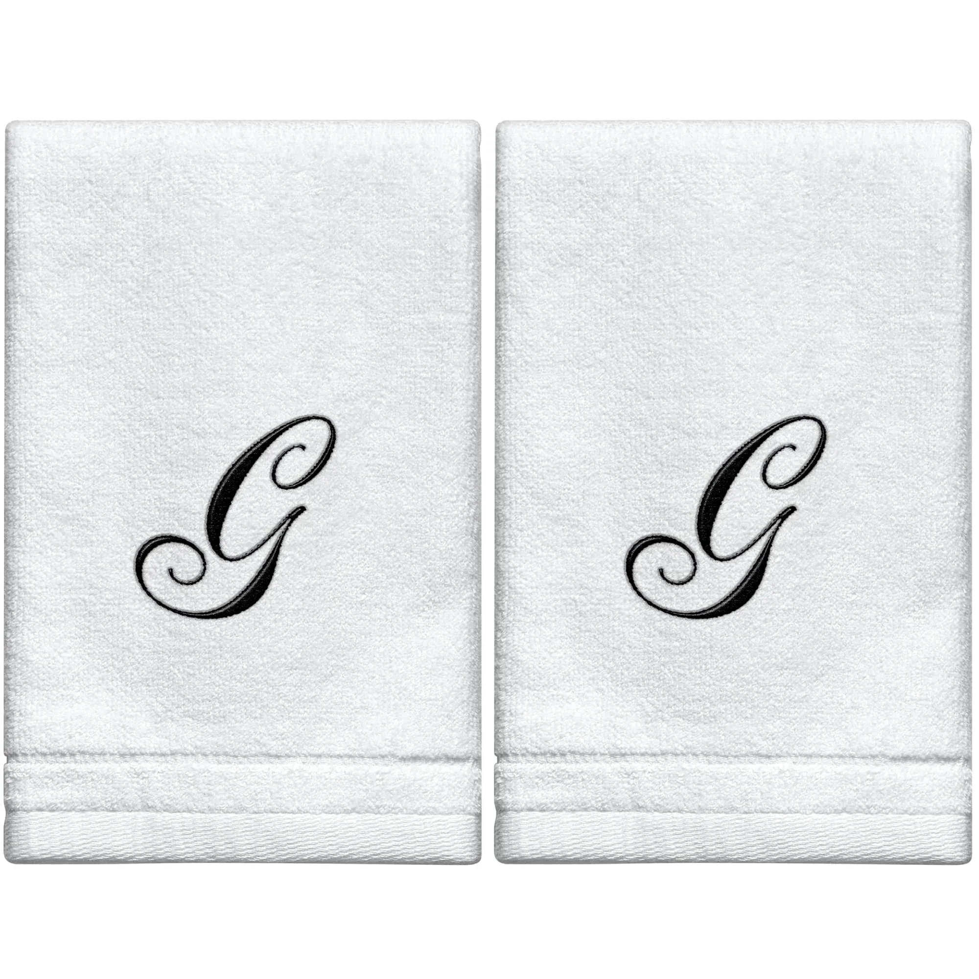 Monogrammed Towels Fingertip, Personalized Gift, 11 x 18 Inches - Set of 2- Black Embroidered Towel - Extra Absorbent 100% Cotton- Soft Velour Finish - For Bathroom/ Kitchen/ Spa- Initial G (White)