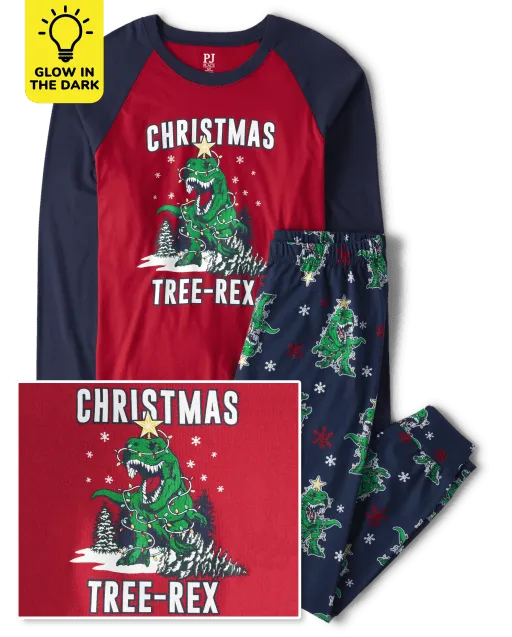 Unisex Kids Matching Family Glow Christmas Tree-Rex Snug Fit Cotton Pajamas - Blue