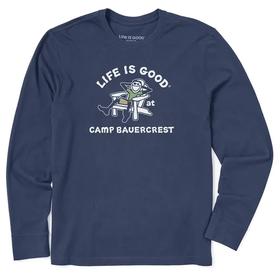 Life is Good Men's Vintage Jake Adirondack Camp Bauercrest Long Sleeve Crusher T-Shirt in Darkest Blue Size Medium | 100% Cotton