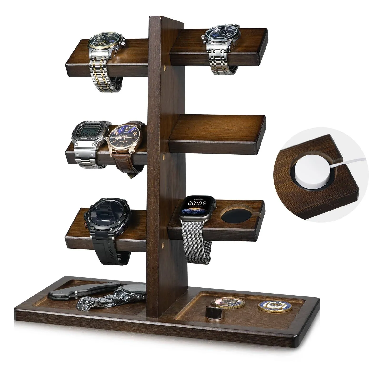 Ikkle Watch Holder Stand with Charging Station Wooden Watch Display Tower Jewelry ...