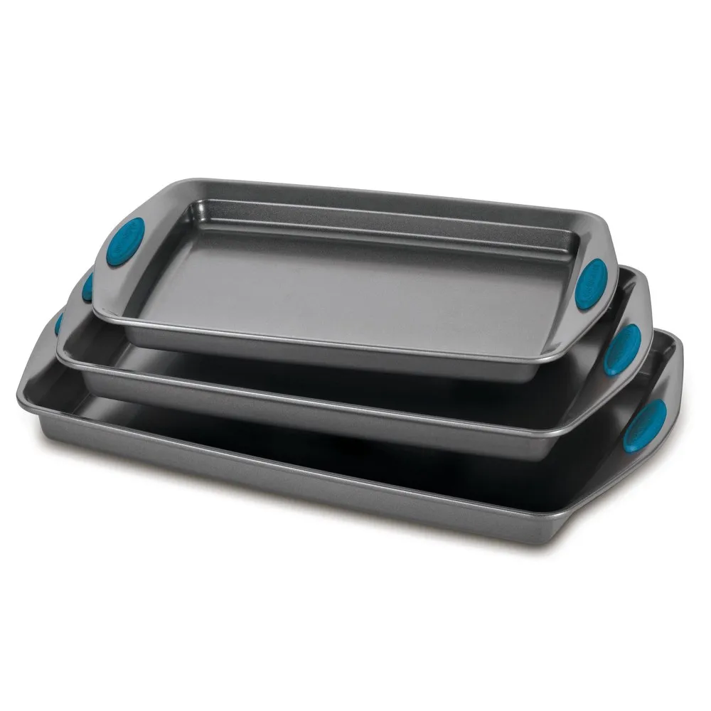 Rachael Ray Nonstick 3-Piece Bakeware Cookie Pan Set - Gray with Marine Blue Grips