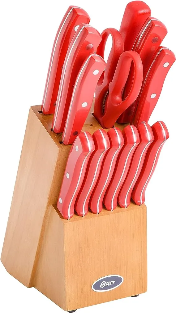 Oster Scottsdale Stainless Steel Kitchen Knife Cutlery Block Set (14-Piece), Red