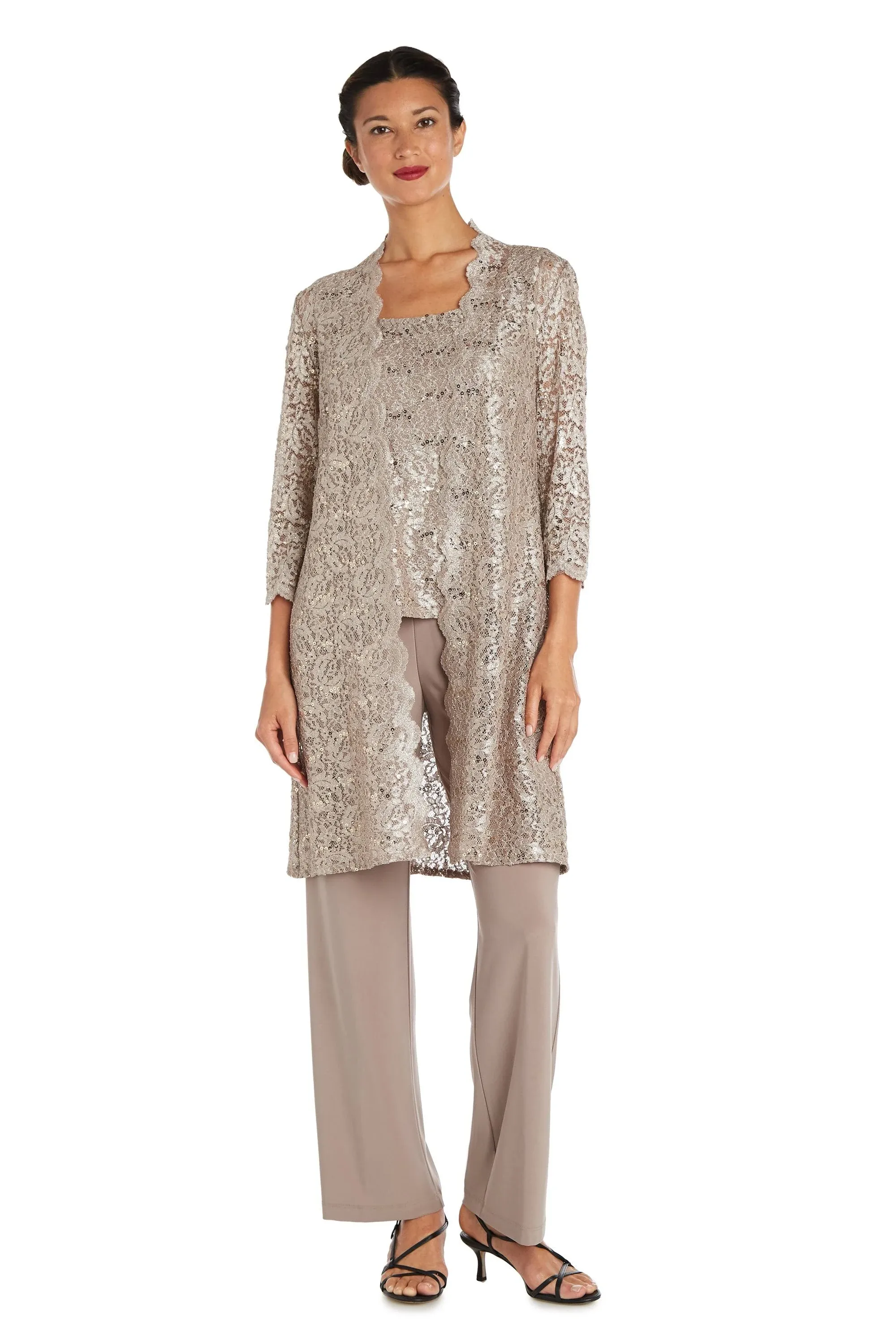 Women&#39;s 3 Piece Scalloped Sequin Lace Pant Suit - Mother of the bride pantsuit