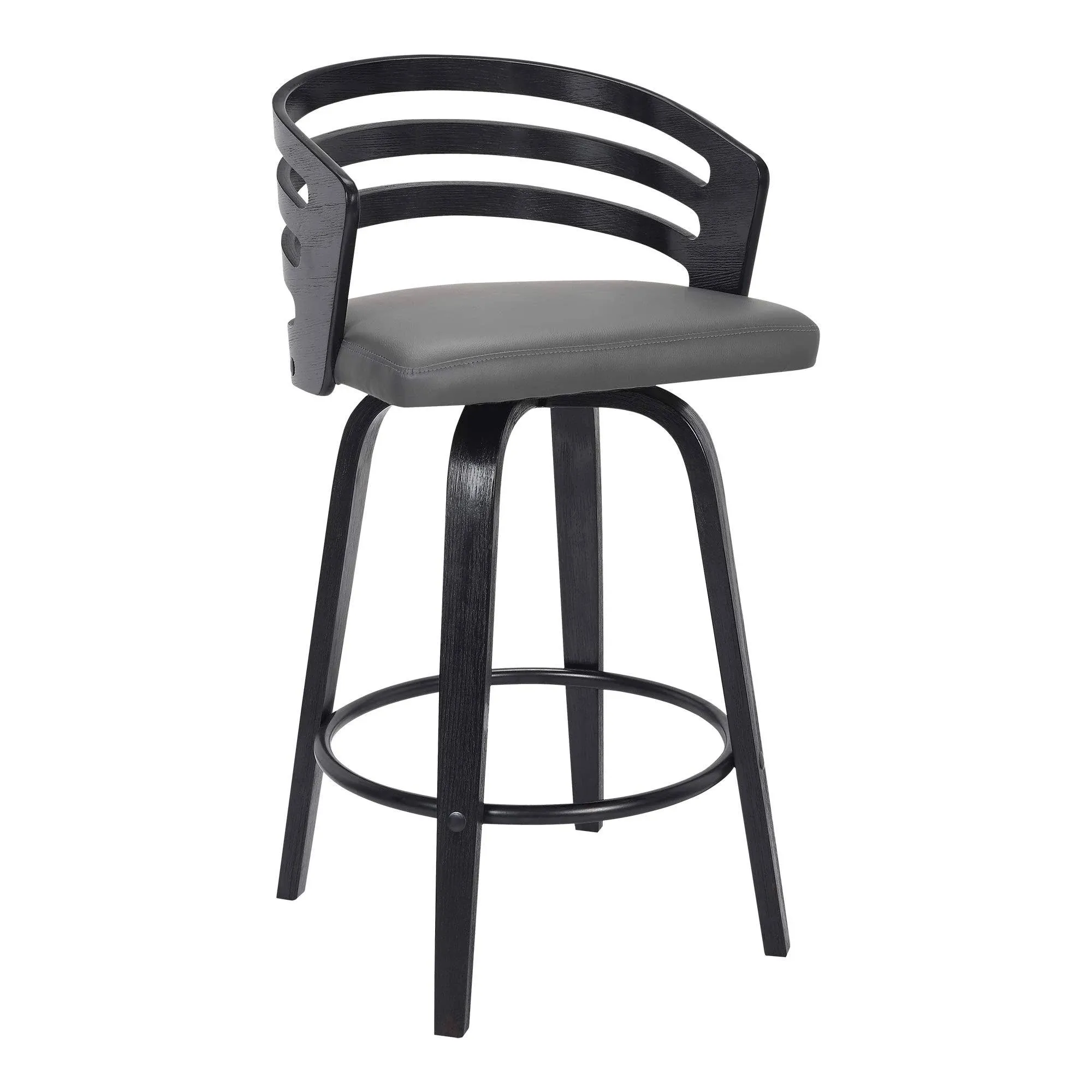 Armen Living Jayden Mid Century Modern Swivel Bar Stool for Kitchen Island Counter in Gray Faux Leather and Black Wood, 30" Seat Height