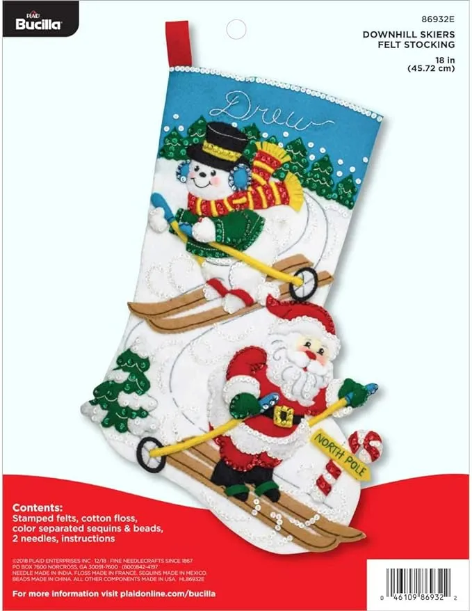 Bucilla Felt Stocking Applique Kit, 18", Downhill Skiers