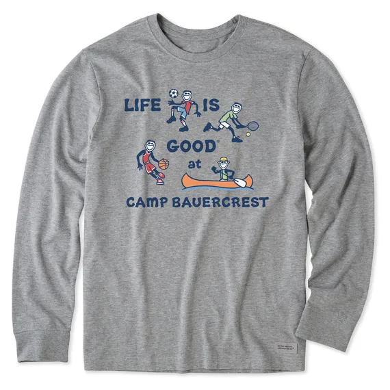 Life is Good Men's Vintage LIG Camp Bauercrest Long Sleeve Crusher T-Shirt in Heather Grey Size Large | Cotton Blend