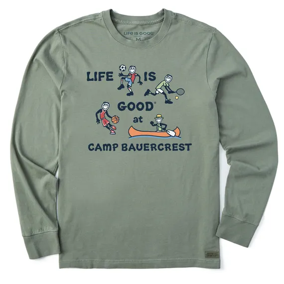 Life is Good Men's Vintage LIG Camp Bauercrest Long Sleeve Crusher T-Shirt in Moss Green Size Medium | 100% Cotton