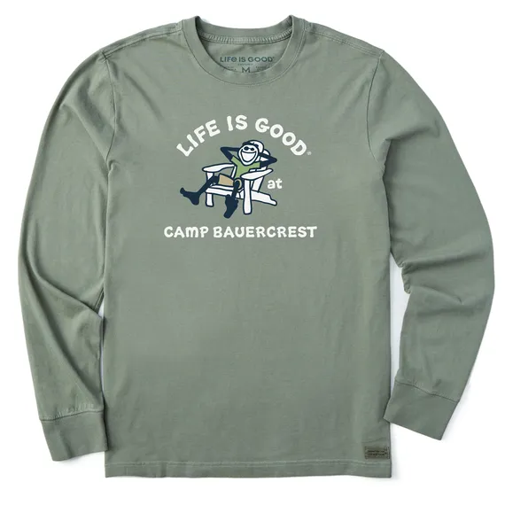 Life is Good Men's Vintage Jake Adirondack Camp Bauercrest Long Sleeve Crusher T-Shirt in Moss Green Size Large | 100% Cotton