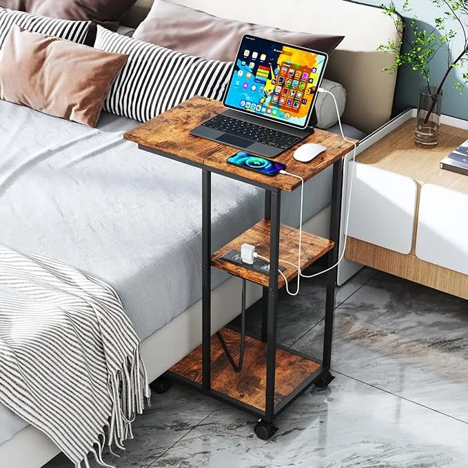 C Shaped End Table - C Table on Wheels - Bedside Table with Wheels, Power Outlet and USB - Sofa Table for Living Room, Bedroom, Small Spaces - 27.2'' High, Brown