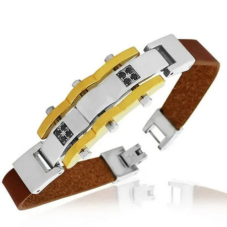 Stainless Steel Brown Leather Two-Tone Black CZ Men s Bracelet