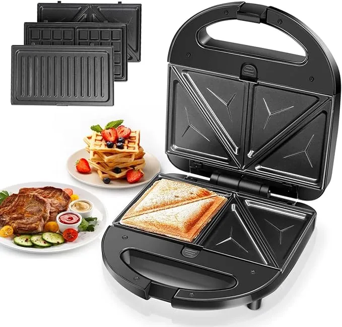 Aigostar Sandwich Maker Panini Press Grill, 3 in 1 Waffle Maker with Removable Non-stick Plates, Electric Grilled Cheese Maker, Portable Cool Touch Handle, Led Indicator Lights & Easy to Clean, 750W