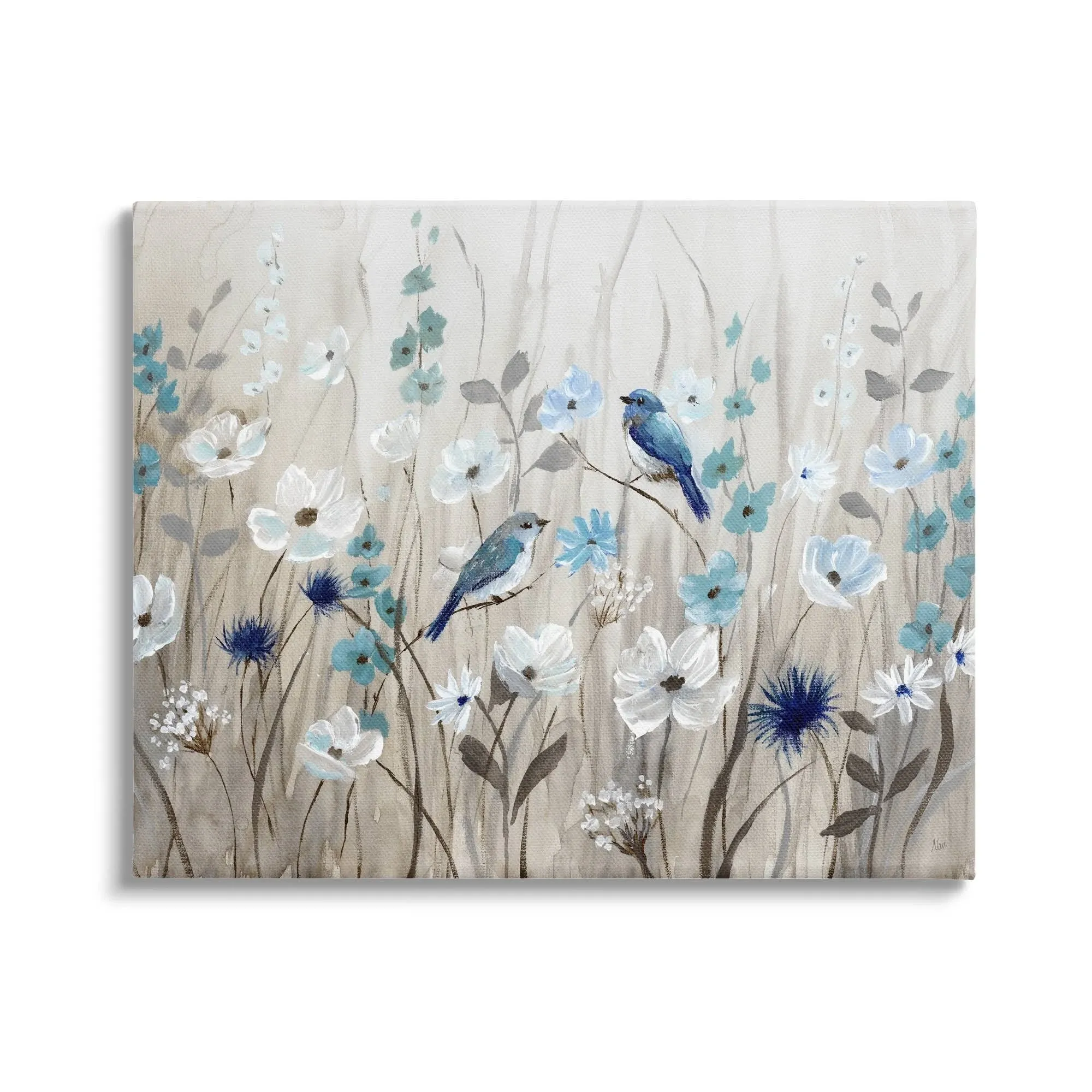 Stupell Birds Floral Meadow Blue White Blossoms Canvas Wall Art