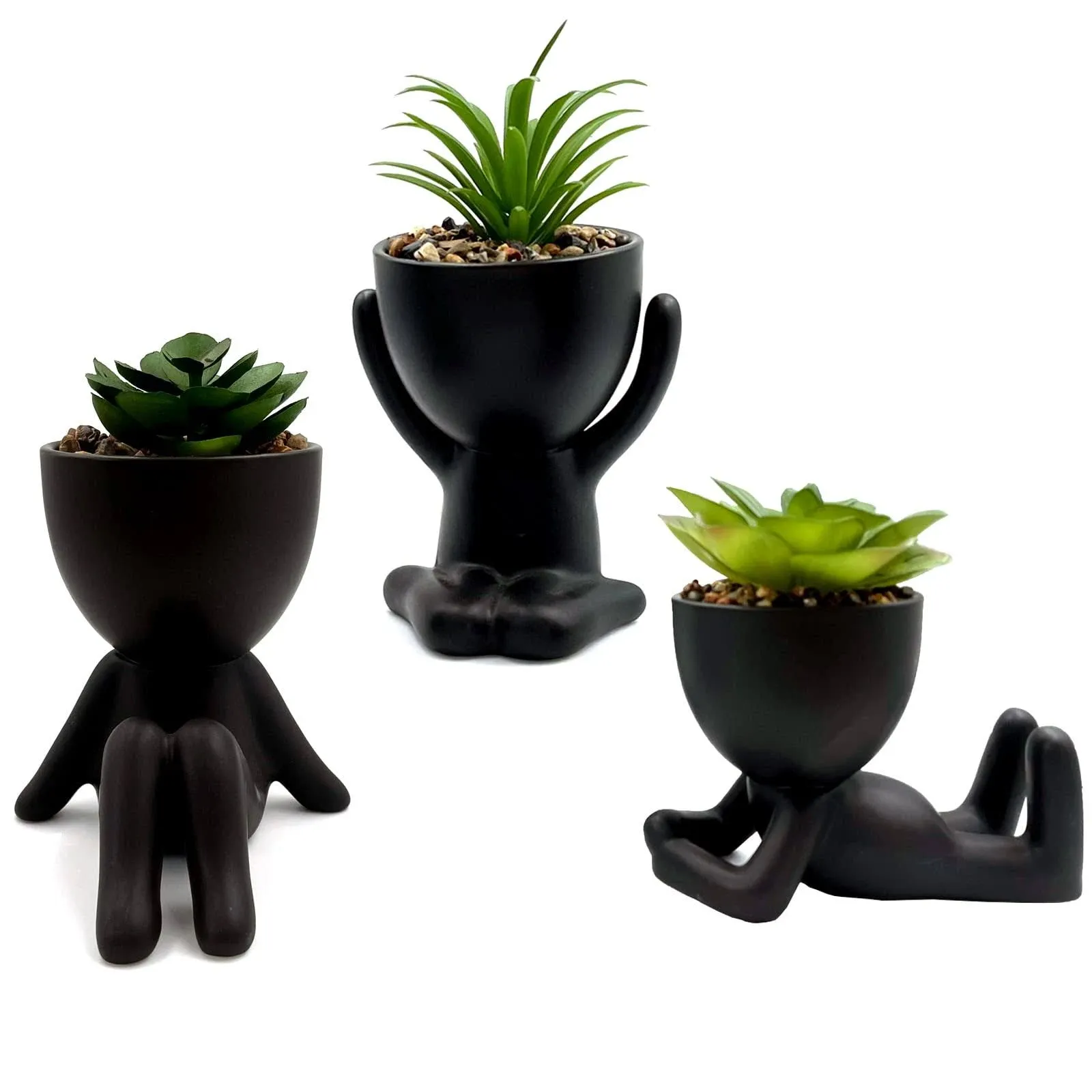 3 PCS Cute Artificial Succulent Plants with Creative Human Shaped PotsCeramic...