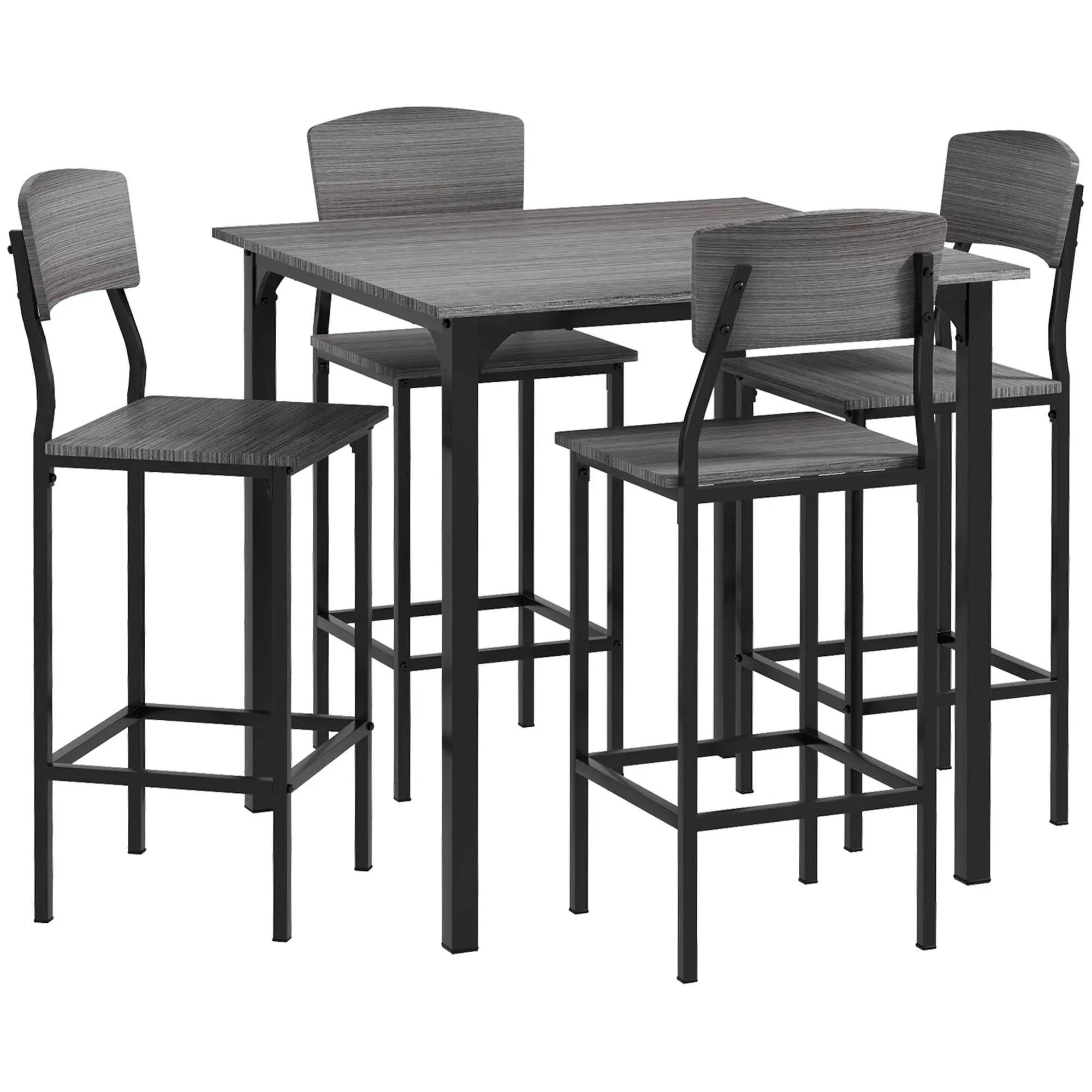 HOMCOM Counter Height Bar Table Set for 4, Square Kitchen Table and Chairs Set with Footrest, Metal Legs, Industrial Dinner Table Set for 4, Gray