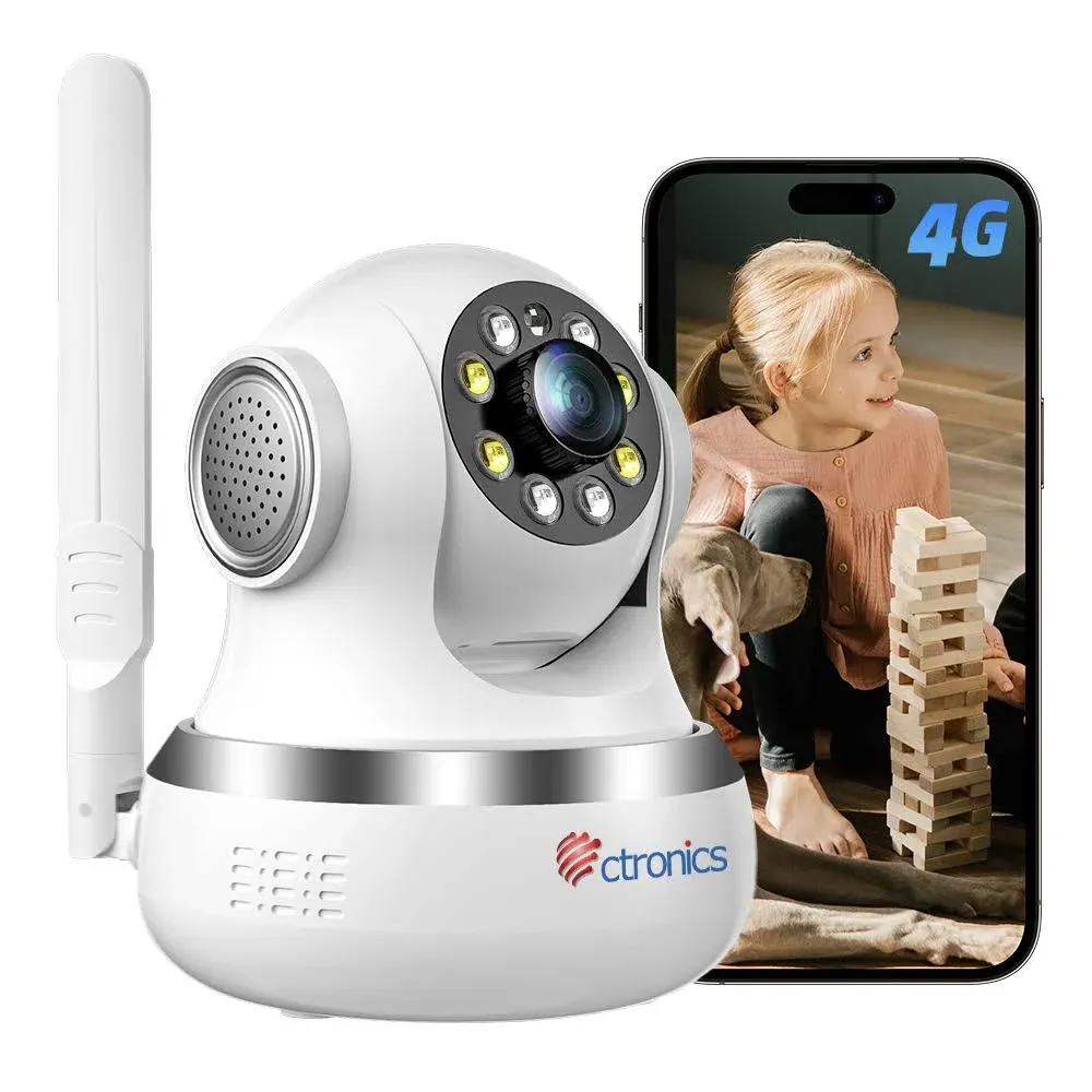 Ctronics 4G LTE Cellular Surveillance Camera Indoor, 360° PTZ Home Security Camera Inside, Human/Motion Detection, Auto Tracking, 2MP Color Night Vision, Two-Way Audio, SIM Card Included, Plug in